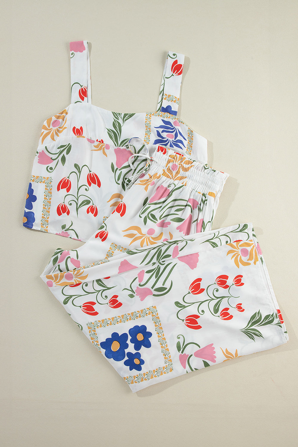 White Square Neck Tank & Wide Leg Pants Boho Floral Set Shewin
