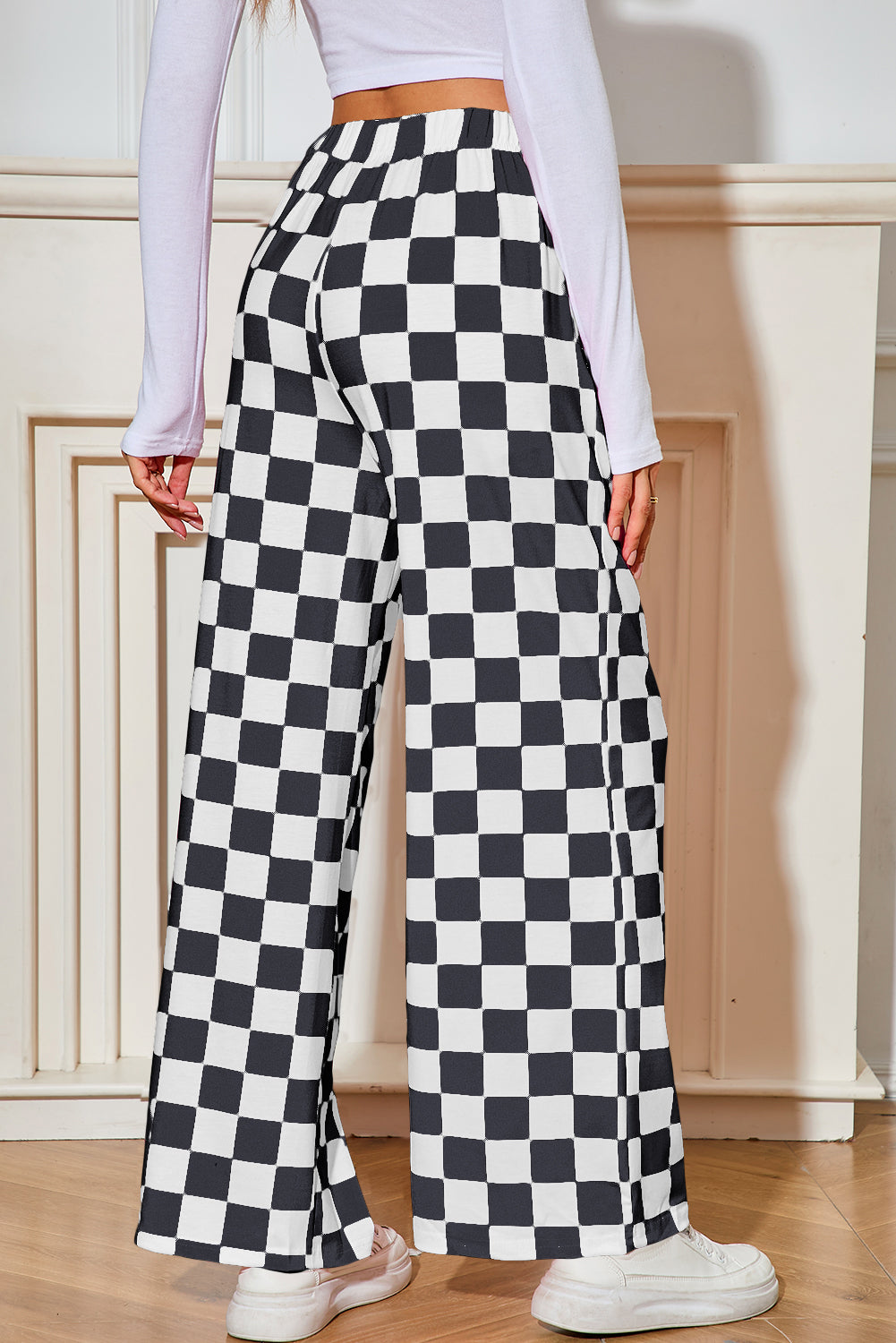 Green Checkered Print High Waist Wide Leg Pants