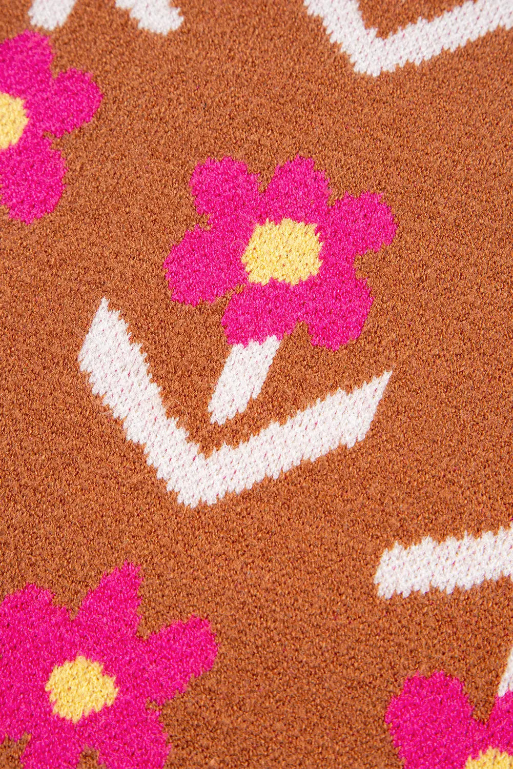 Brown Floral Pattern Short Puff Sleeve Sweater Shewin