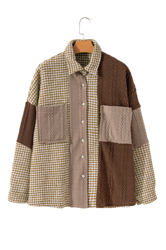 Khaki Houndstooth Textured Patchwork Loose Shacket Shewin