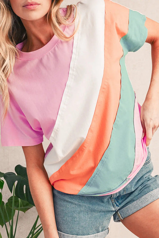 Pink Color Block Patchwork Seamed Crewneck T Shirt Shewin