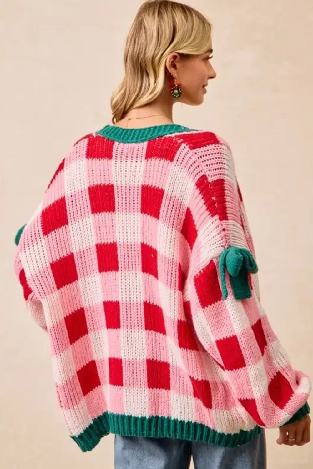 Pink Colorblock Checkered Open Front Knit Cardigan