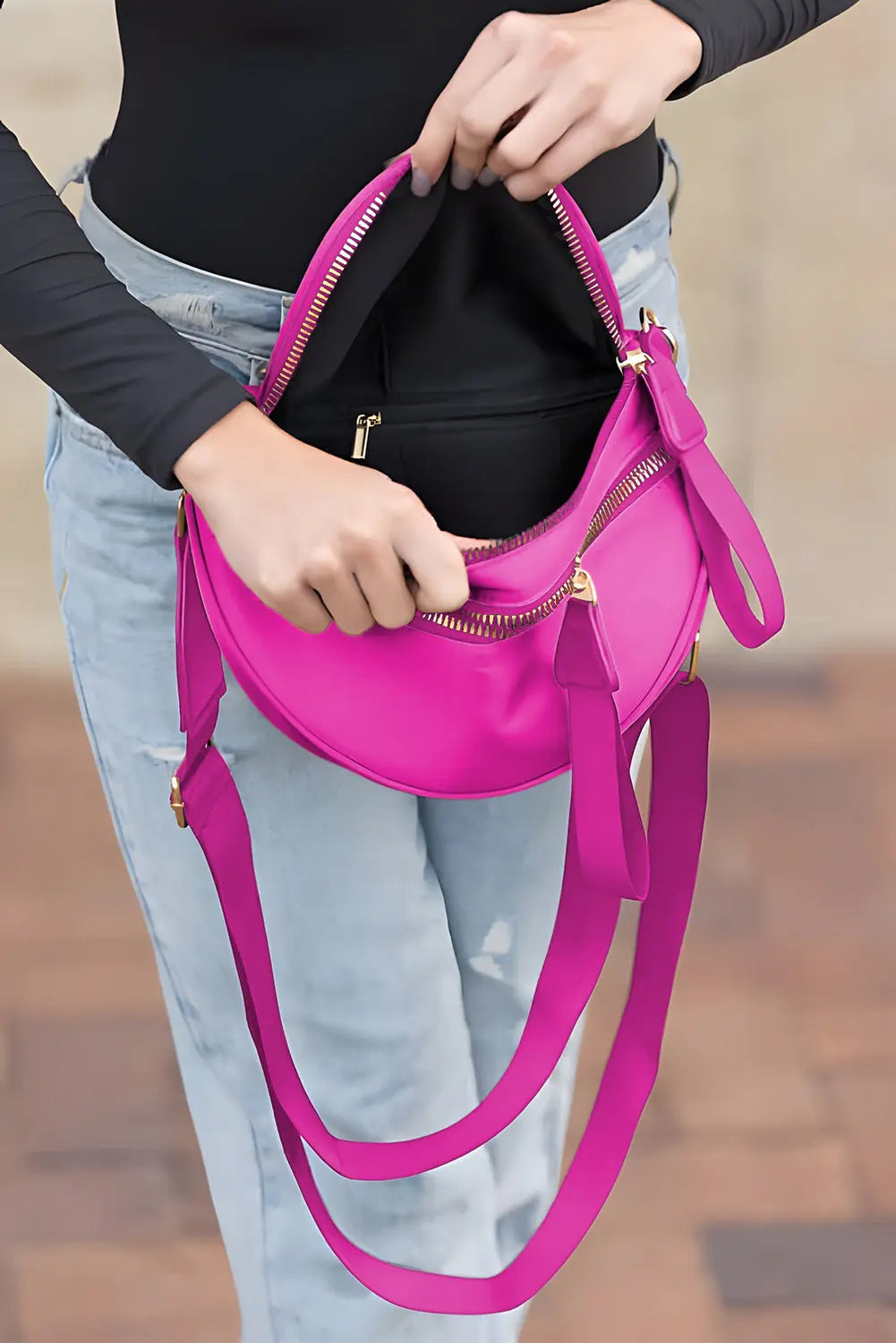 Light Blue Wide Strap Double Zipper Crossbody Bag Shewin
