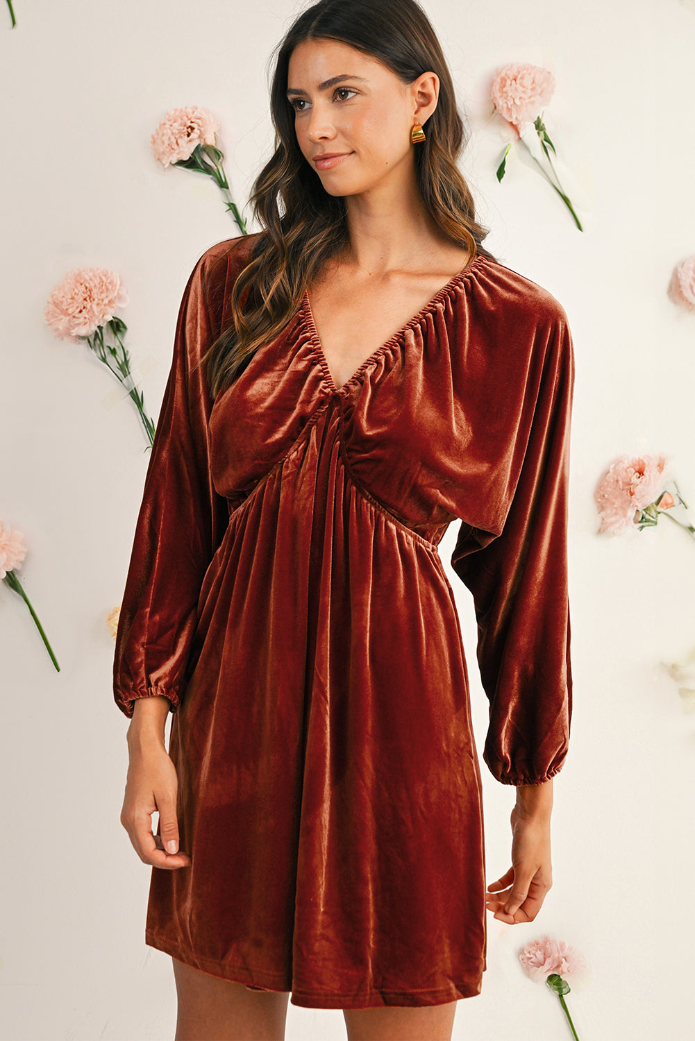 Terracotta Red Brown Clay Elastic V Neck Puff Sleeve Flowy Velvet Dress Shewin