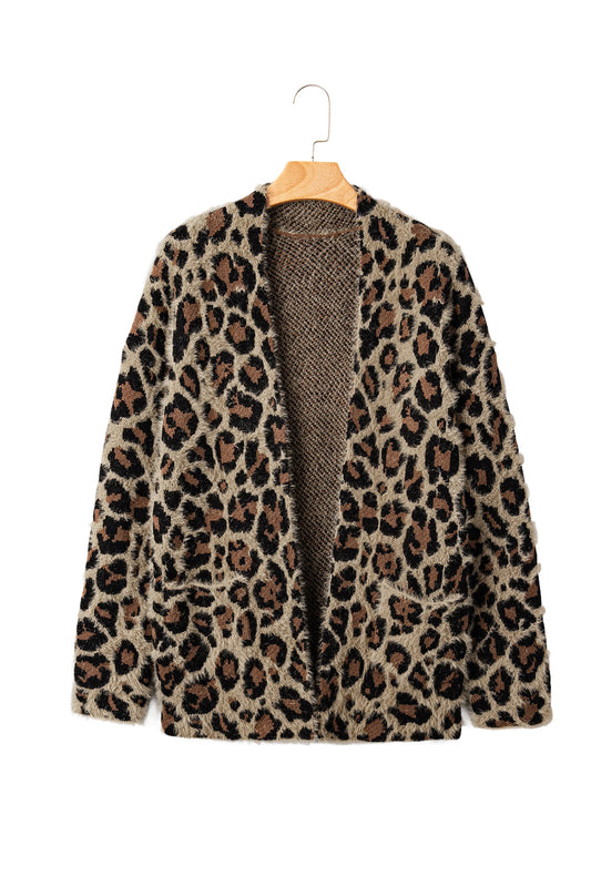 Brown Leopard Open Front Fuzzy Cardigan Shewin