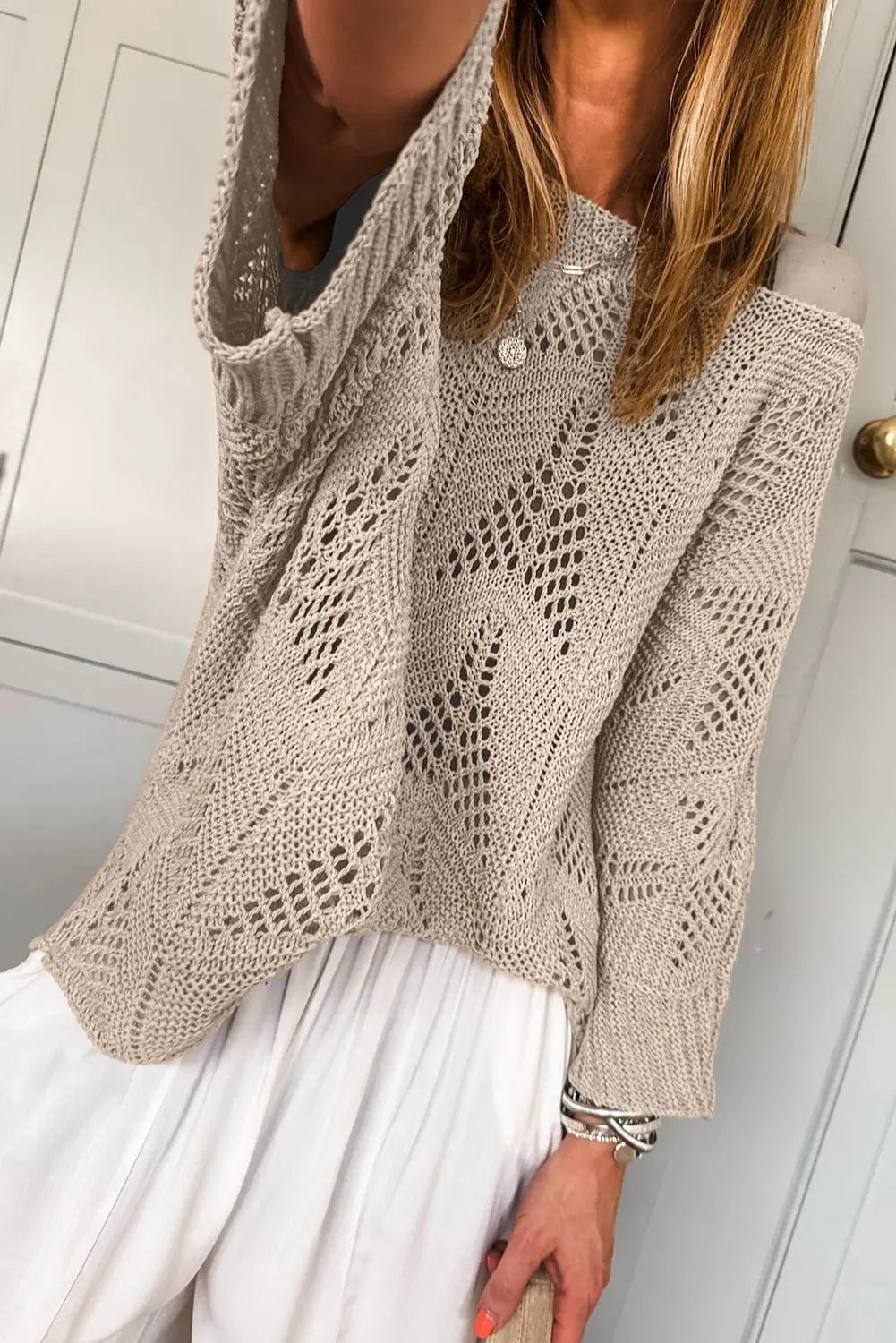 Navy Blue Hollow Out Knit 3/4 Sleeve Loose Sweater Shewin