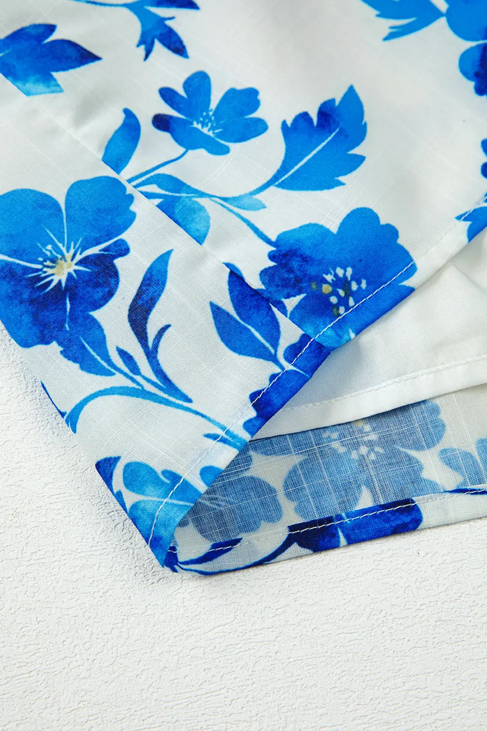 Blue Floral Long Sleeve Lace-up V Neck Blouse Shewin