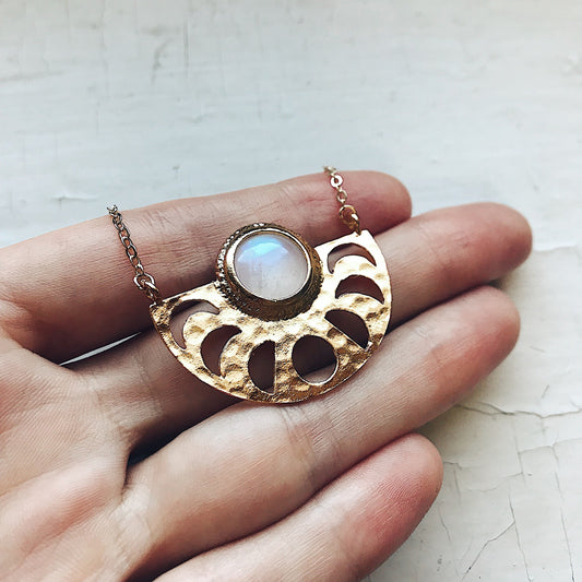 Yugen Handmade Pendant • Moon Goddess Necklace - Moon Phases & Rainbow Moonstone
