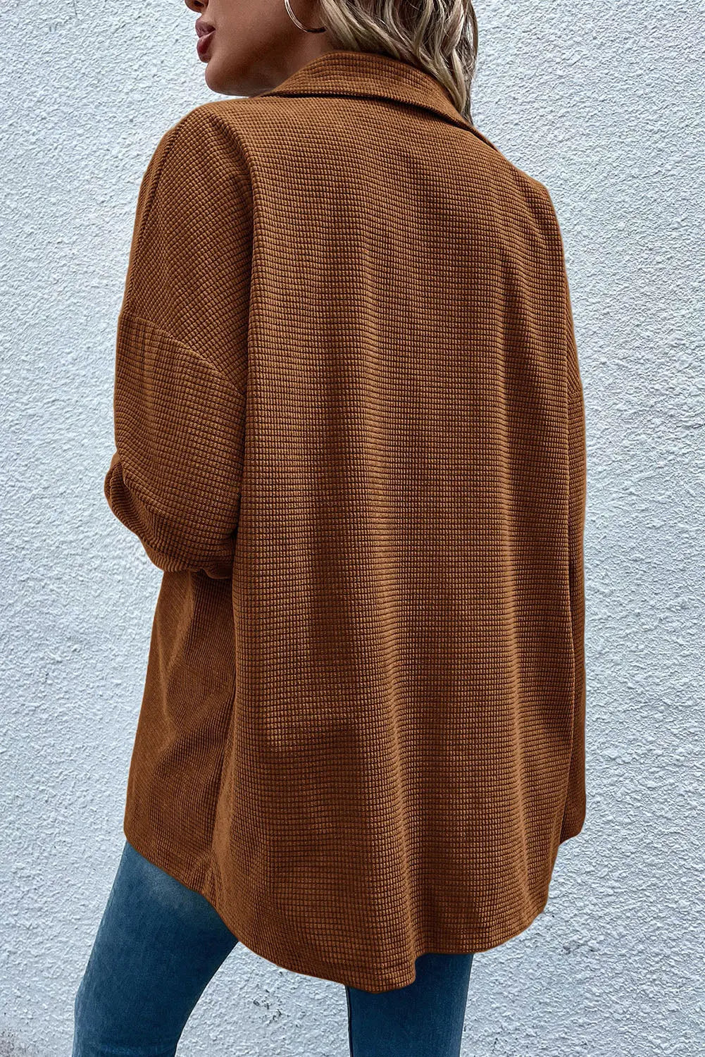 Brown Textured Flap Pocket Drop Shoulder Shacket Shewin
