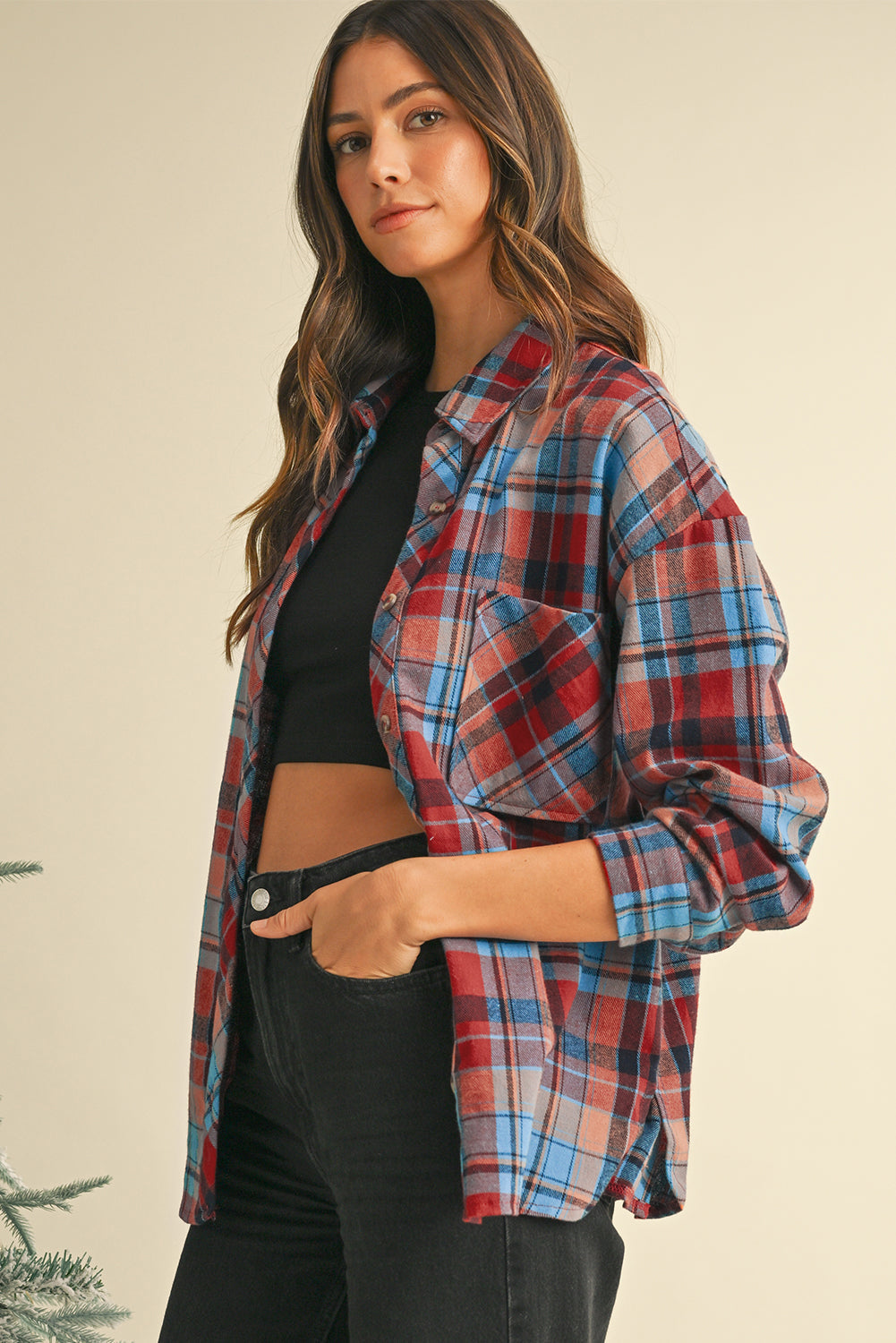 Red Plaid Print Long Sleeved Loose Cotton Collar Shirt Shewin