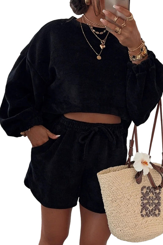 Black Textured Knit Drop Shoulder Pullover Drawstring Shorts Set Shewin