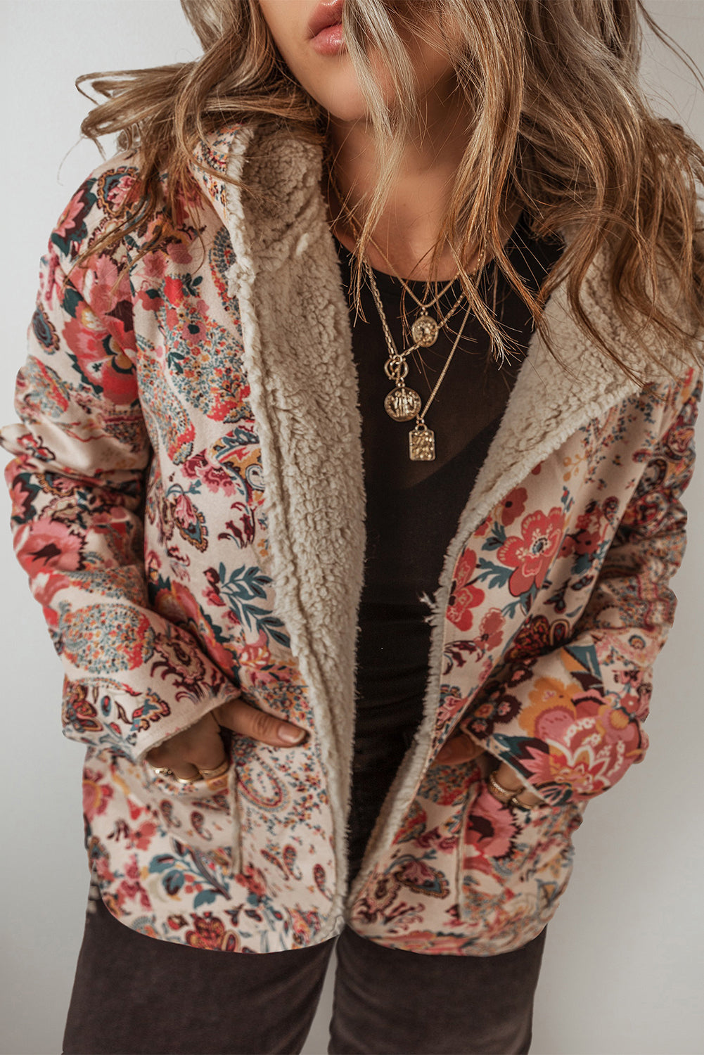 Beige Vintage Paisley Floral Printed Sherpa Lined Hooded Jacket Shewin