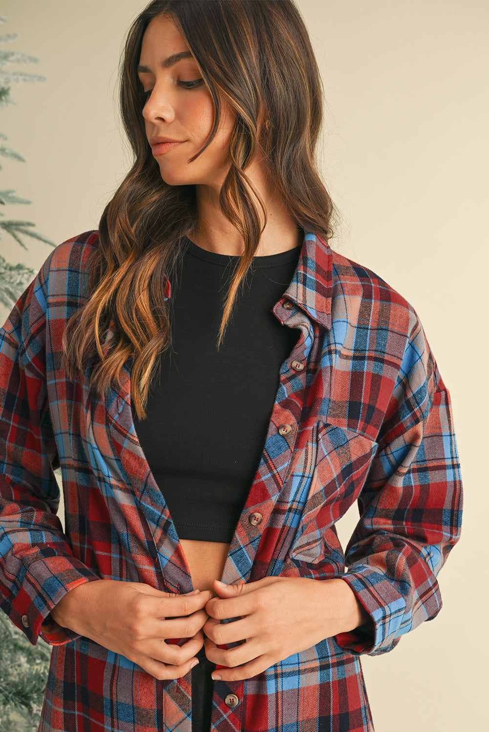 Red Plaid Print Long Sleeved Loose Cotton Collar Shirt Shewin