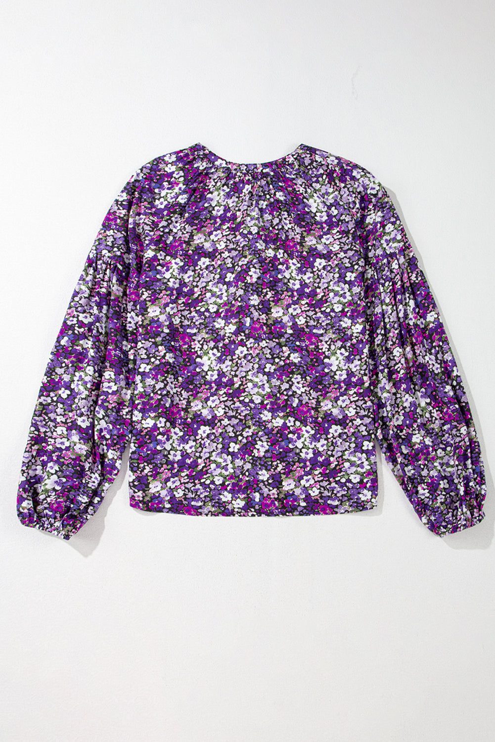 Purple Boho Floral Split V-Neck Bubble Sleeve Blouse Shewin