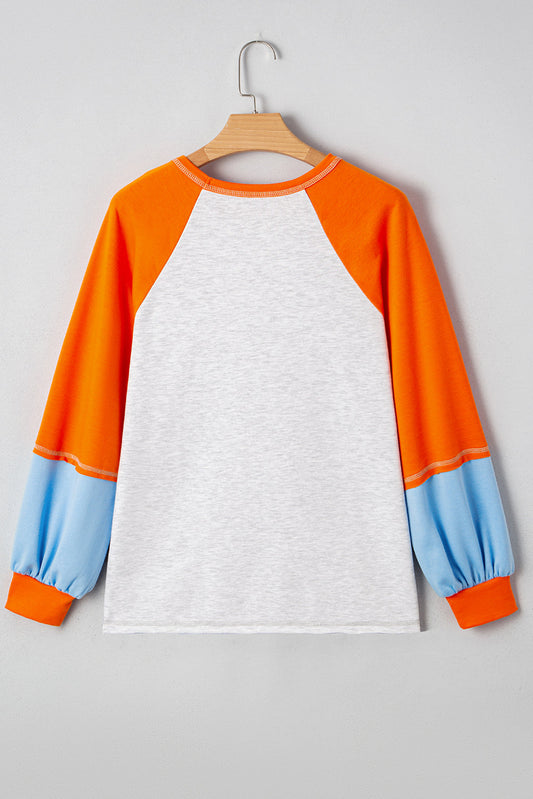 Light Grey HELLO PUMPKIN Patched Graphic Colorblock Raglan Sleeve Top Shewin