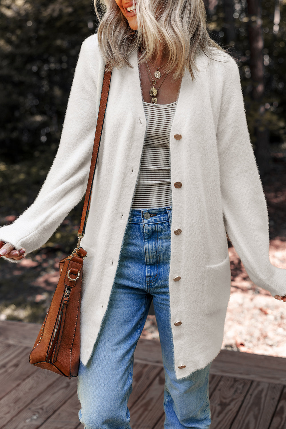 White Fuzzy Buttoned Front Midi Solid Cardigan