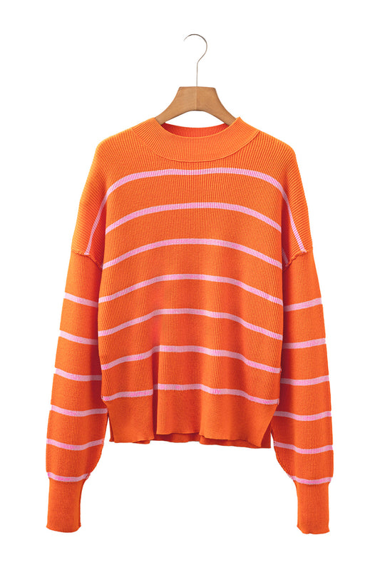 Orange Stripe Ribbed High Neck Drop Shoulder Boxy Fit Sweater Shewin