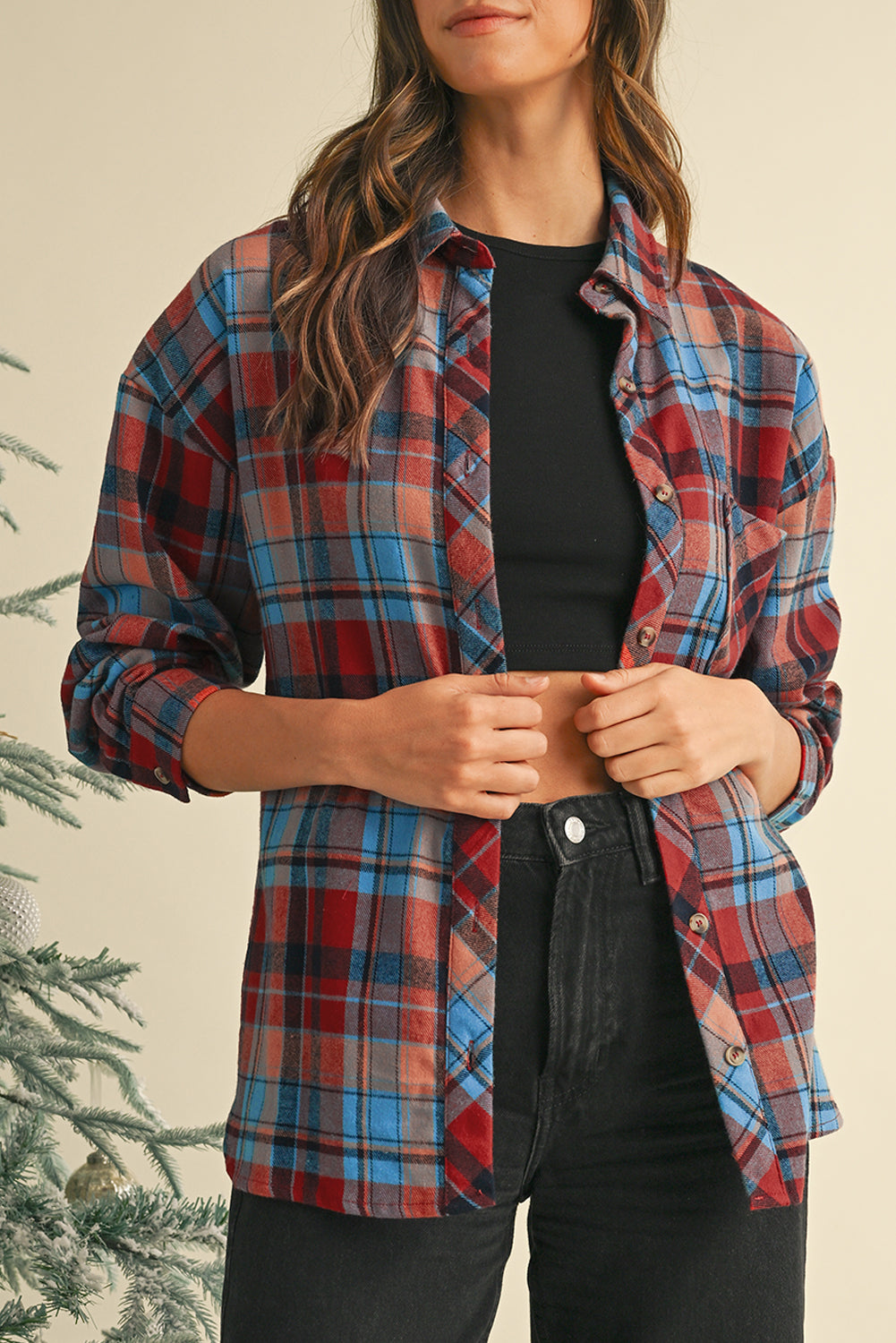 Red Plaid Print Long Sleeved Loose Cotton Collar Shirt Shewin