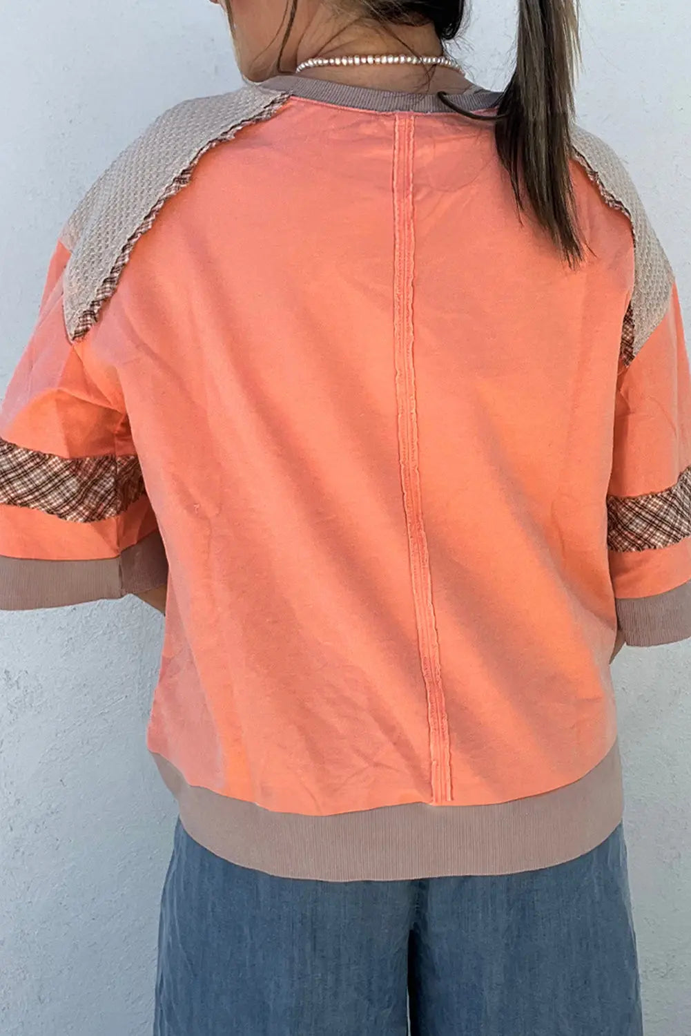 Grapefruit Orange Plaid Waffle Flower Patchwork Bracelet Sleeve Top Shewin