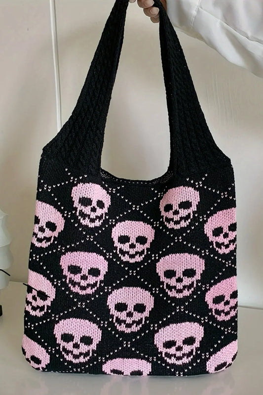 Black Plaid Skull Knit Tote Bag Shewin