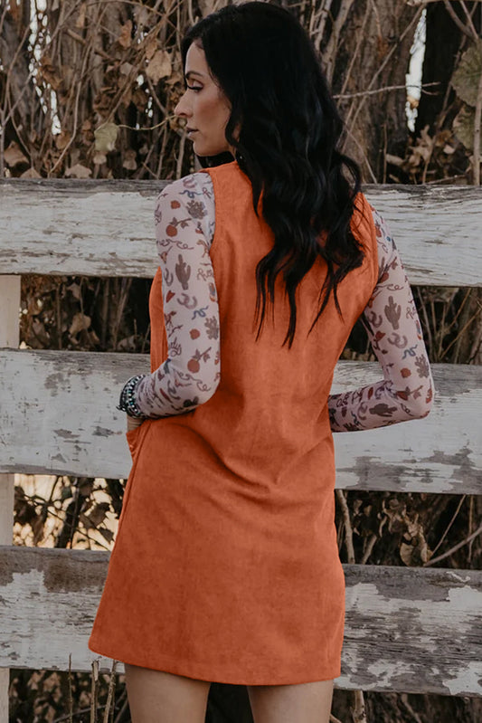 Gold Flame Corduroy Embroidered Patch Pocket Sleeveless Mini Dress Shewin