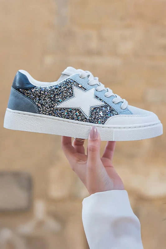 Silver Sequin Star Patch Lace Up Shoes - Baby Blue & Grey Blue Sneaker Accents Shewin