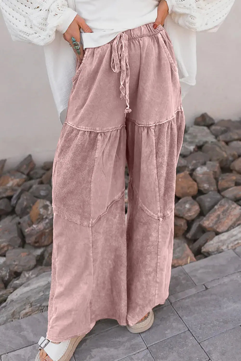 Mineral Wash Tiered Wide Leg Patchwork Drawstring Pants Shewin