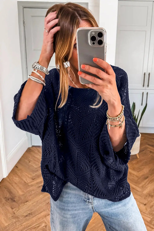 Navy Blue Hollow Out Knit 3/4 Sleeve Loose Sweater Shewin