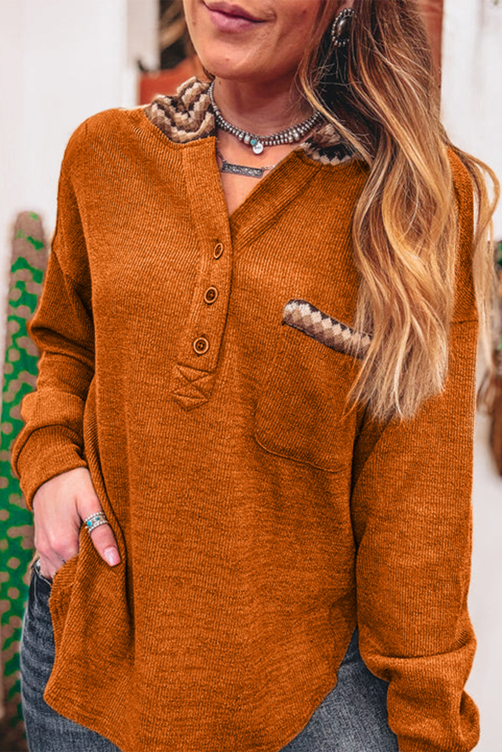 Straw Yellow Contrast Plaid Hooded Patchwork Pocket Henley Top Shewin