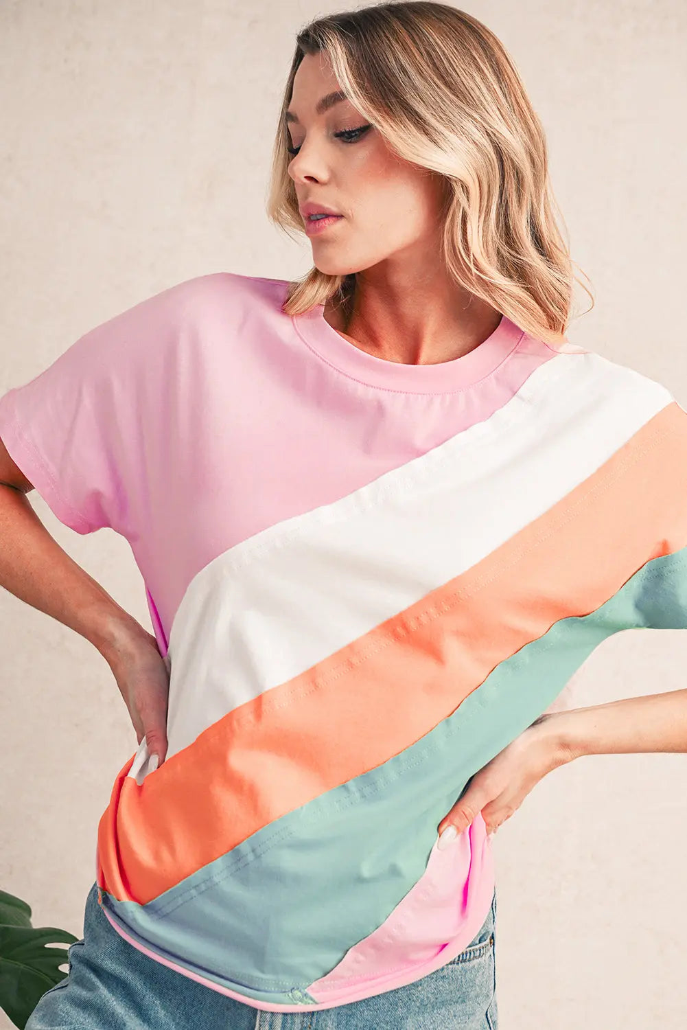 Pink Color Block Patchwork Seamed Crewneck T Shirt Shewin