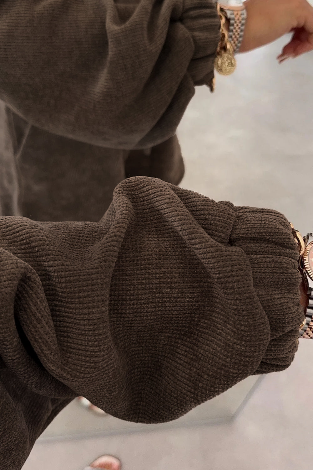 Black Textured Knit Drop Shoulder Pullover Drawstring Shorts Set