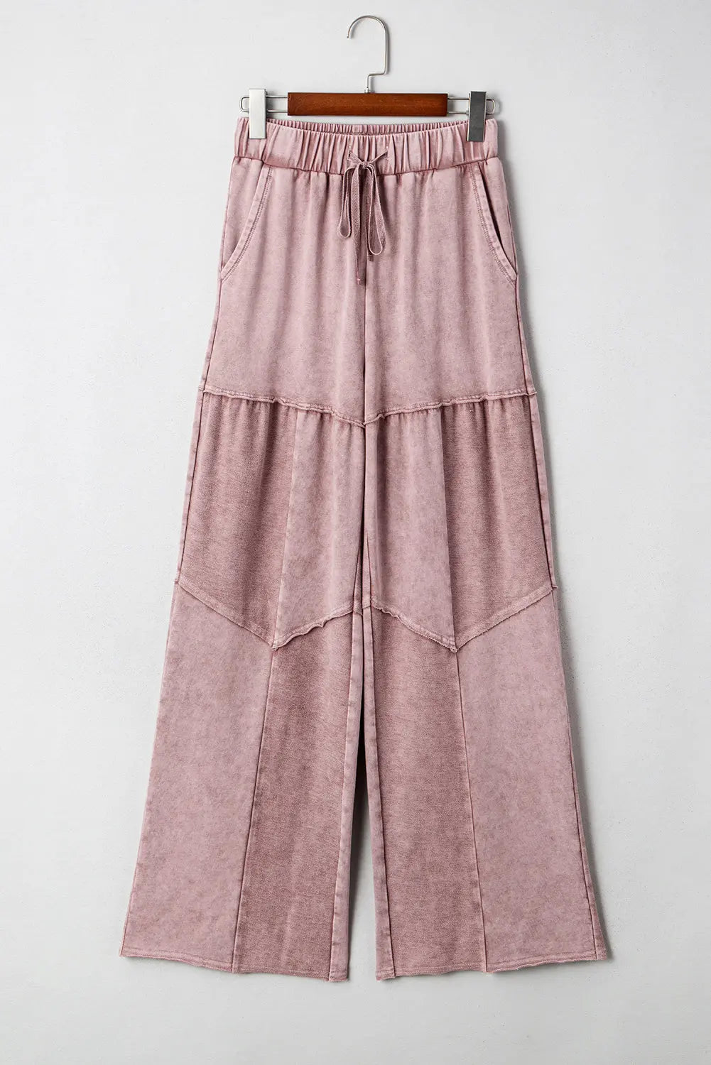 Mineral Wash Tiered Wide Leg Patchwork Drawstring Pants Shewin