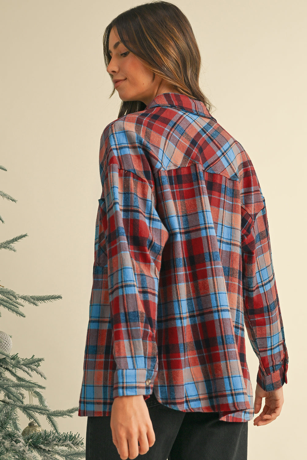 Red Plaid Print Long Sleeved Loose Cotton Collar Shirt Shewin