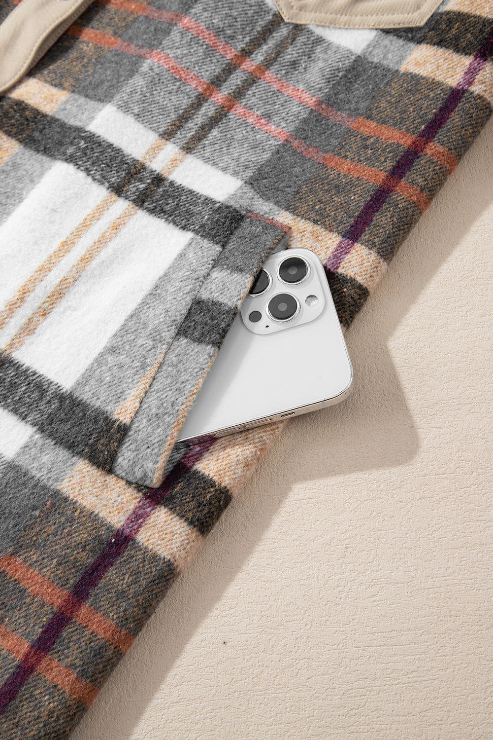 Khaki Plaid Patchwork Long Sleeve Jacket Shewin