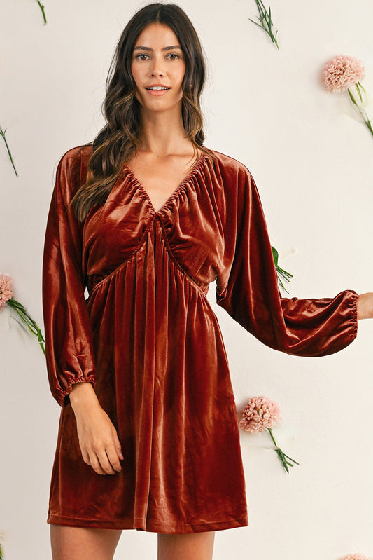 Terracotta Red Brown Clay Elastic V Neck Puff Sleeve Flowy Velvet Dress Shewin