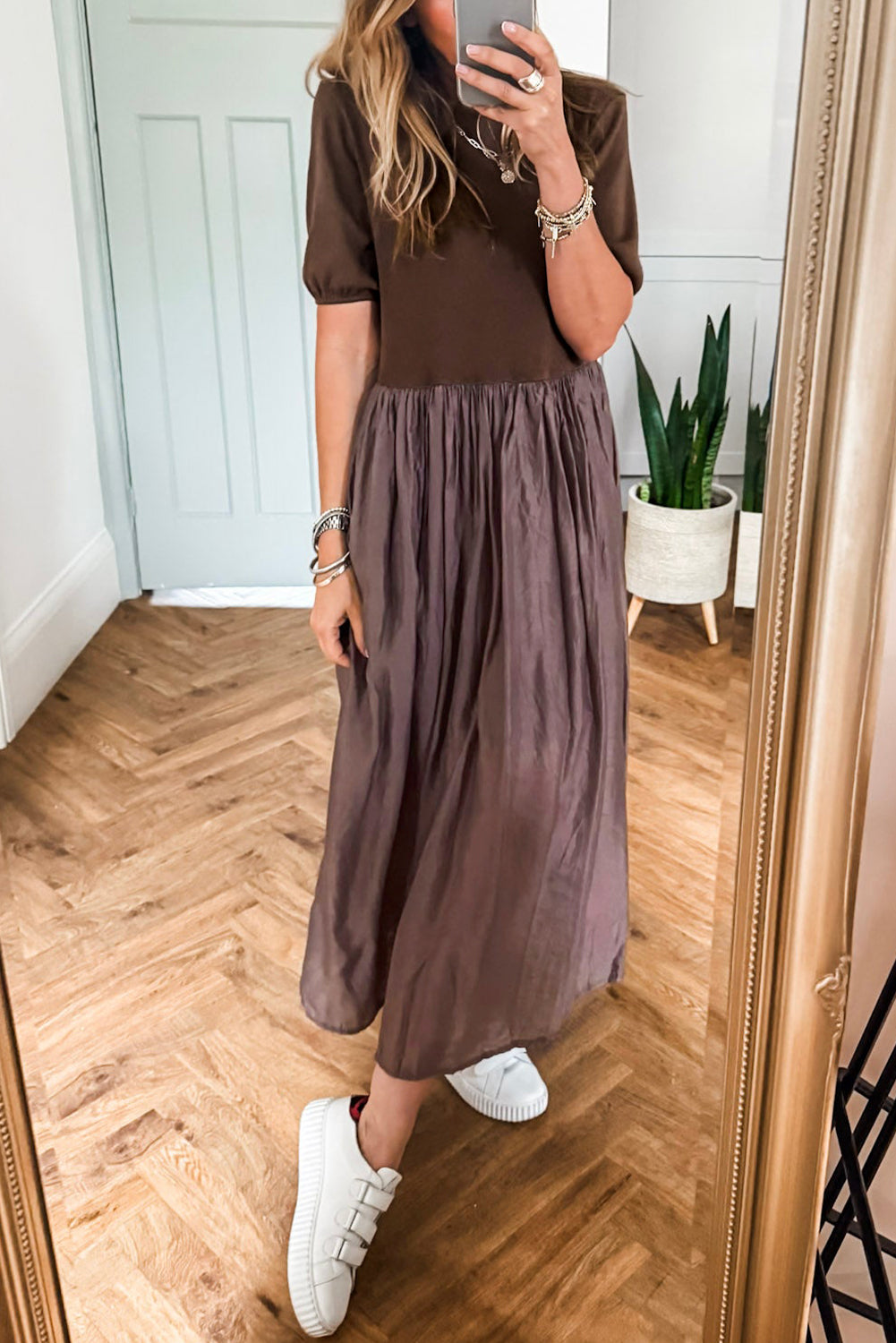Coffee Knit Top Patchwork Pleated Half Sleeve Long Dress