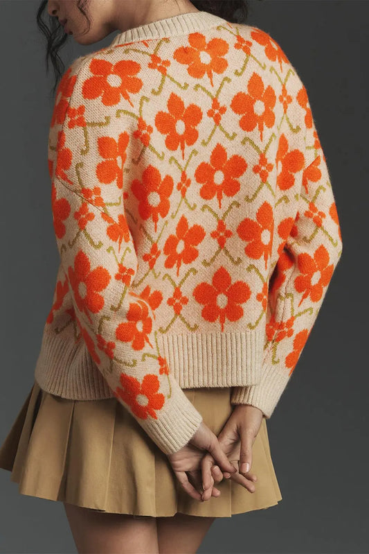 Orange Floral Button Round Neck Knit Cardigan Shewin
