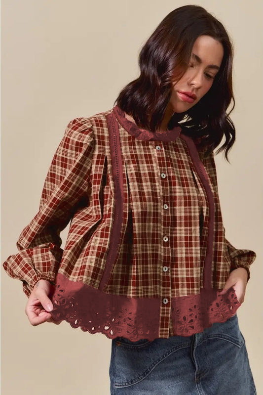 Red Dahlia Plaid Lace Hem Button Down Shirt Shewin