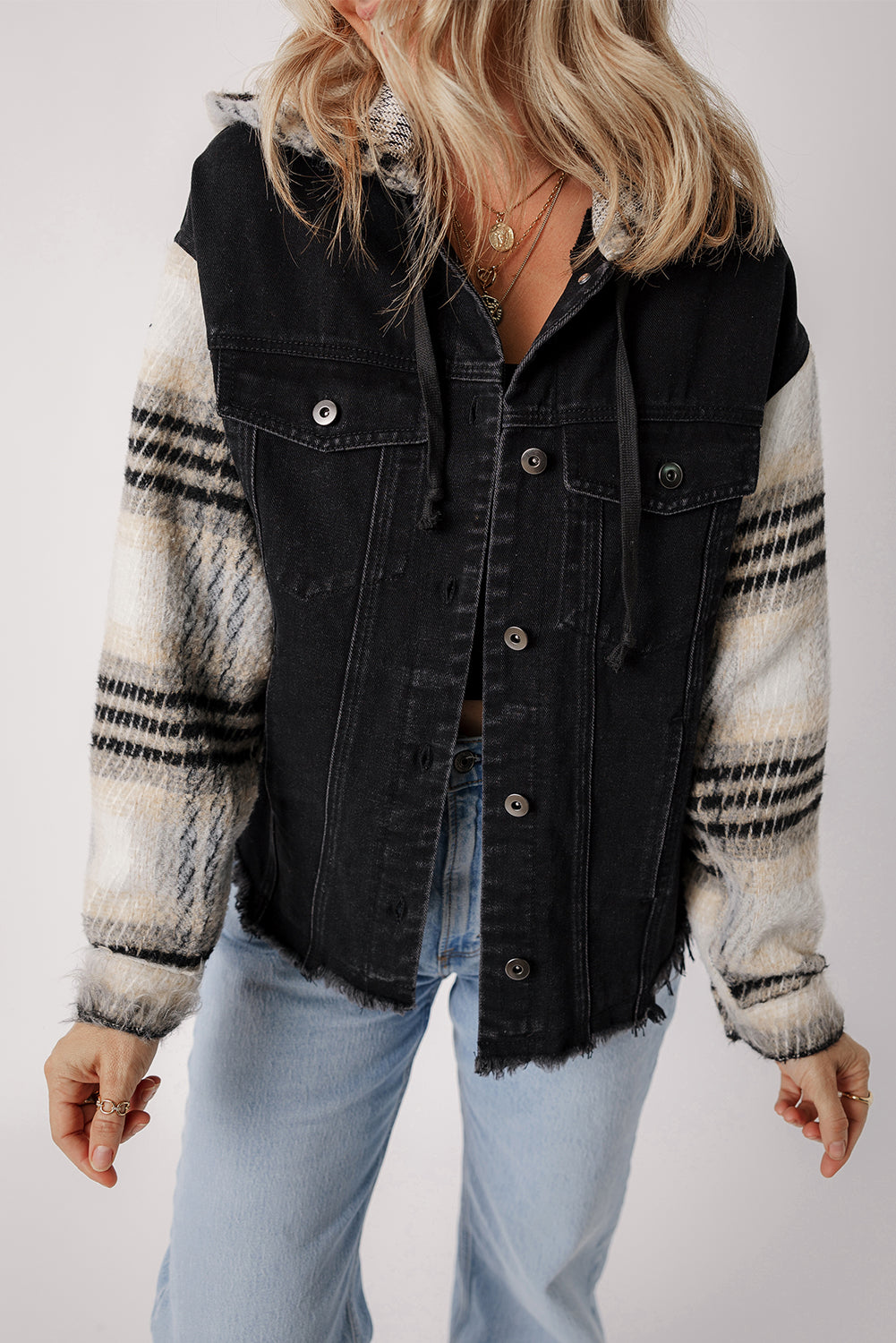 Black Patchwork Plaid Sleeve Frayed Hem Hooded Denim Jacket Shewin