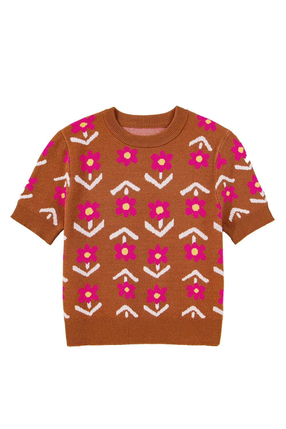 Brown Floral Pattern Short Puff Sleeve Sweater Shewin