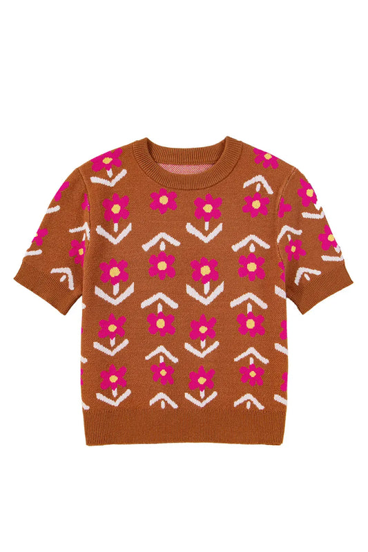 Brown Floral Pattern Short Puff Sleeve Sweater Shewin