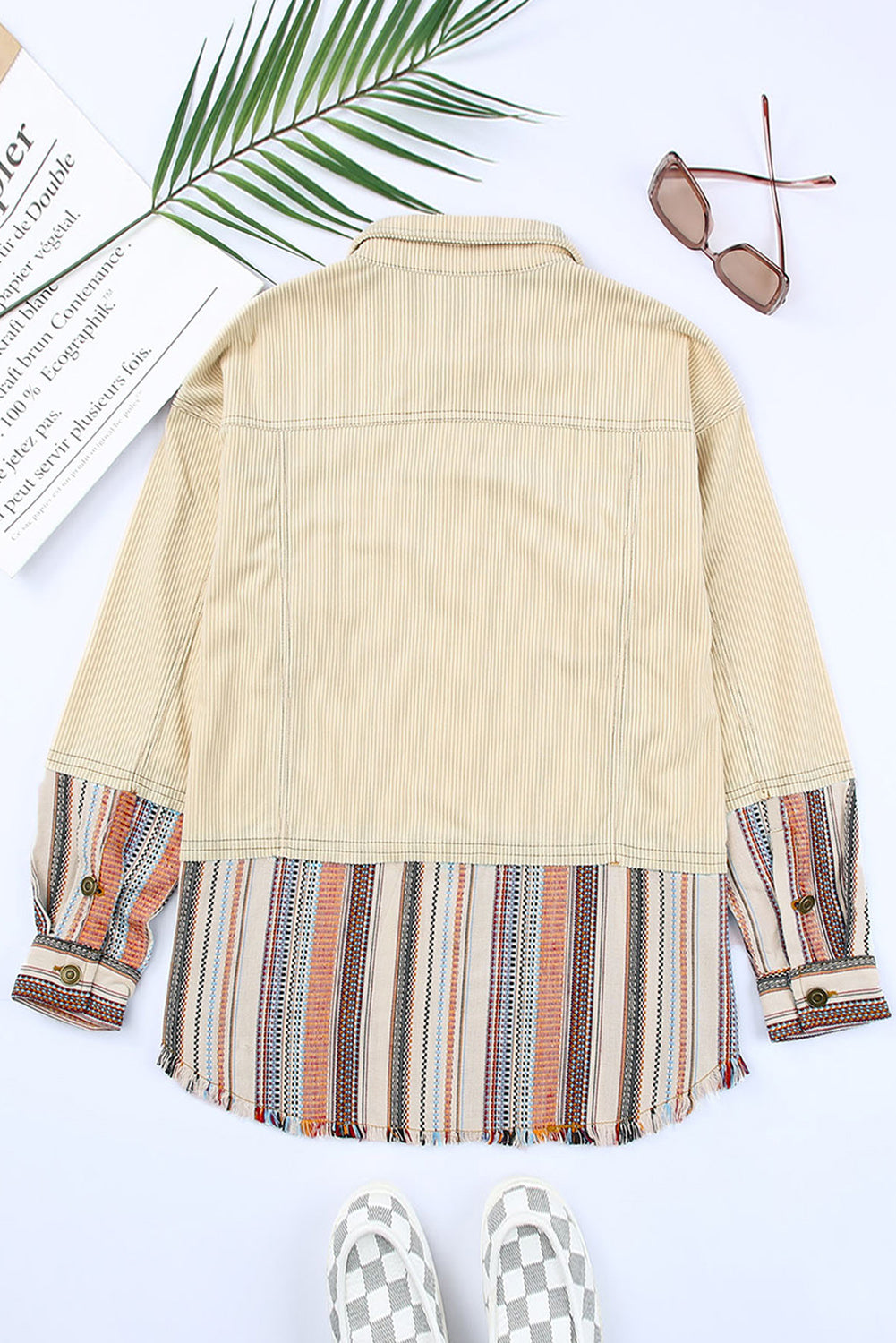 Beige Button Up Pockets Striped Color Block Corduroy Jacket Shewin