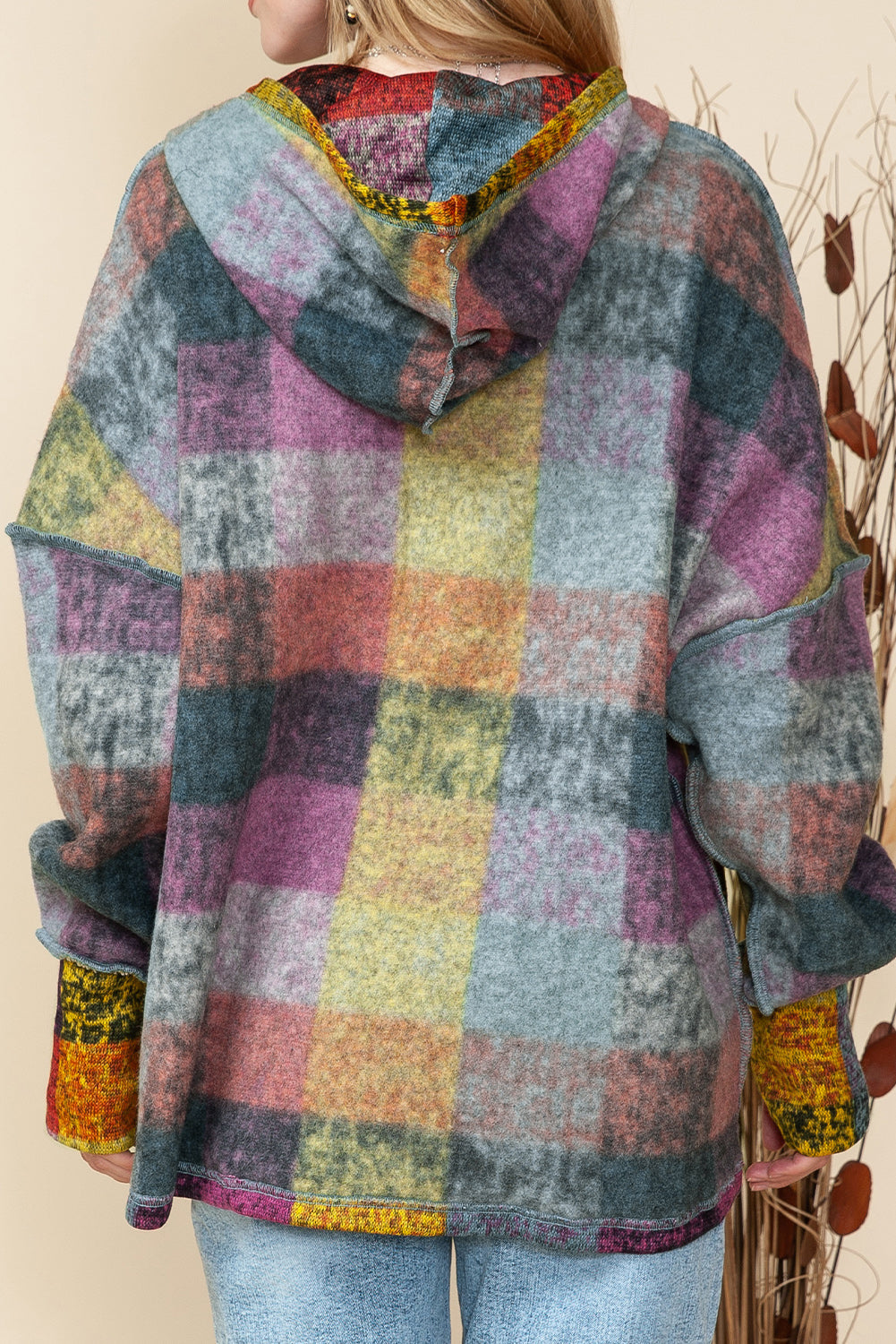 Multicolor Brushed Check Kangaroo Pocket Thumbholes Henley Hoodie Shewin