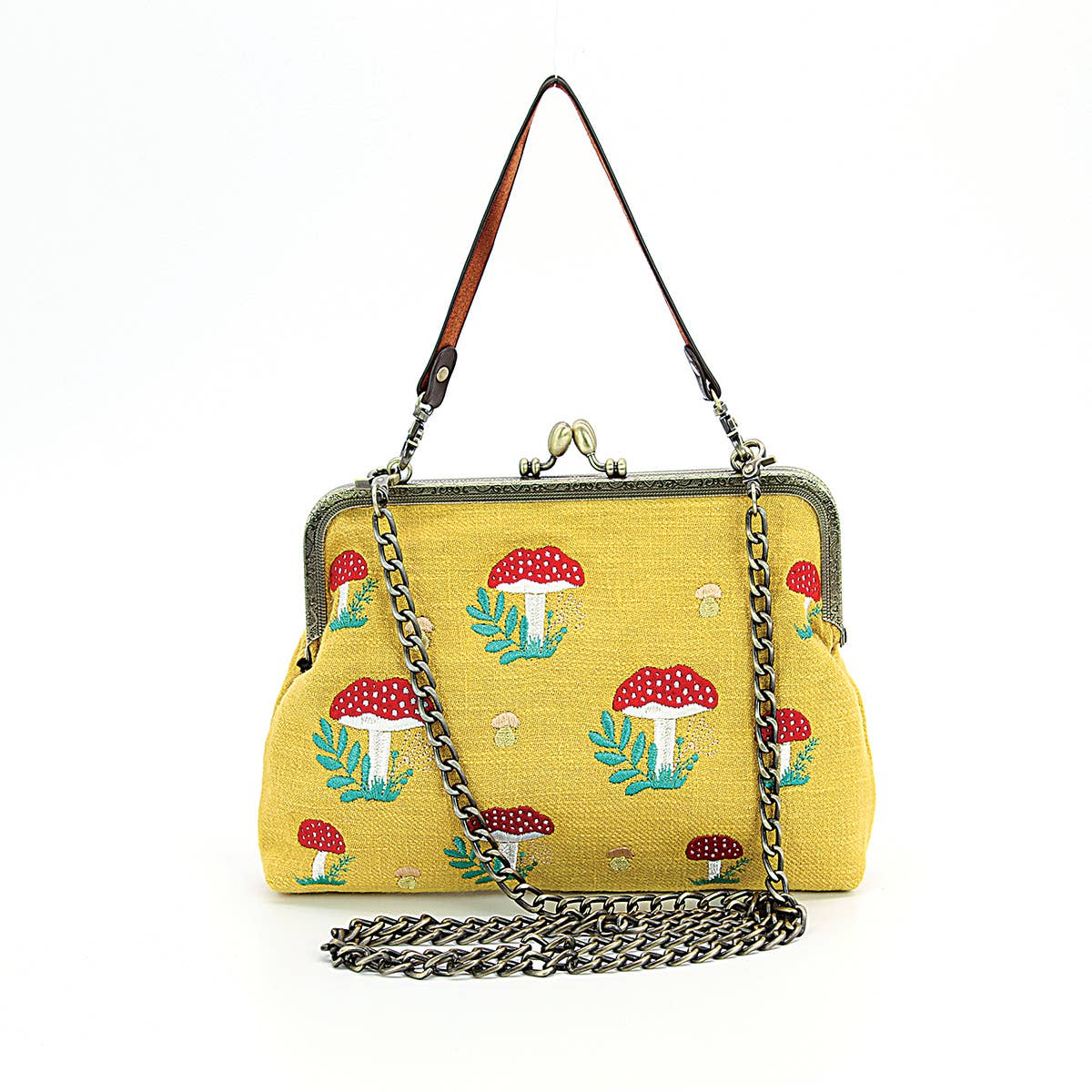 Mushrooms Kisslock Frame Handbag in Cotton: Black Quirks!