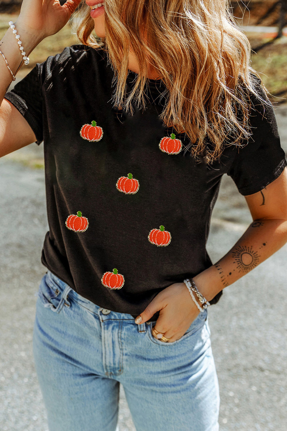 Black Chenille Pumpkin Patched Casual Cotton Blend T Shirt Shewin