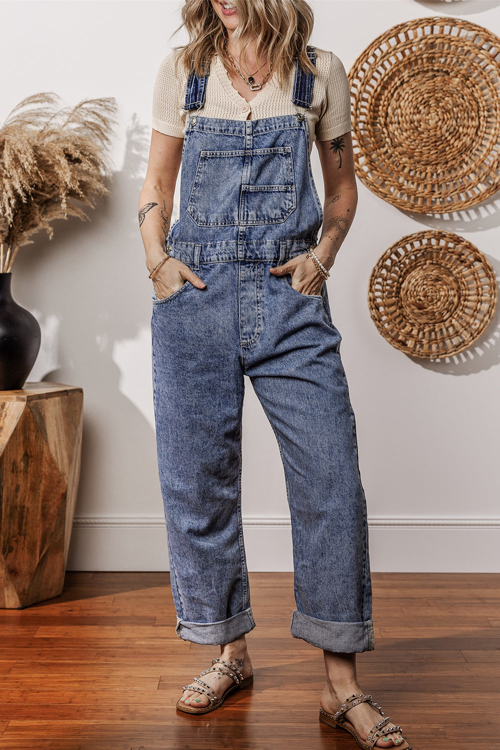 Sail Blue Straight Leg Pockets Denim Bib Overall Shewin