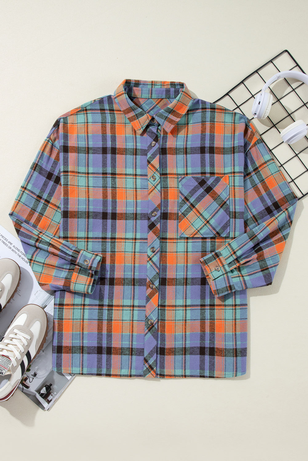 Blue & Orange Plaid Print Pocket Loose Shirt Shewin