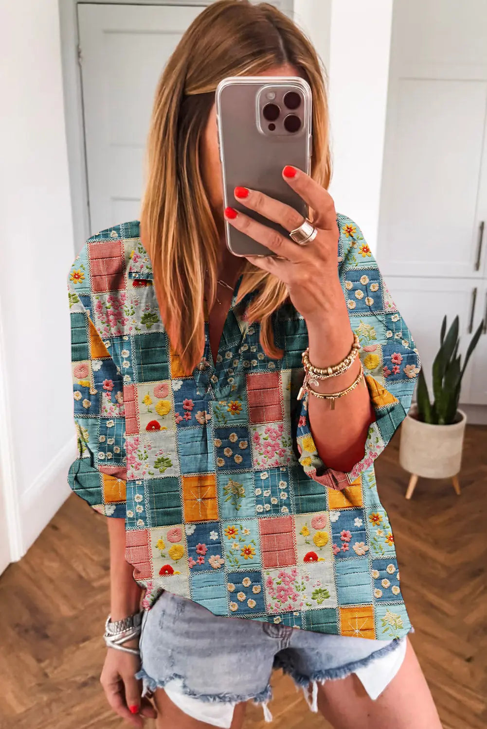 Sky Blue Floral Patchwork Collared V Neck Blouse Shewin