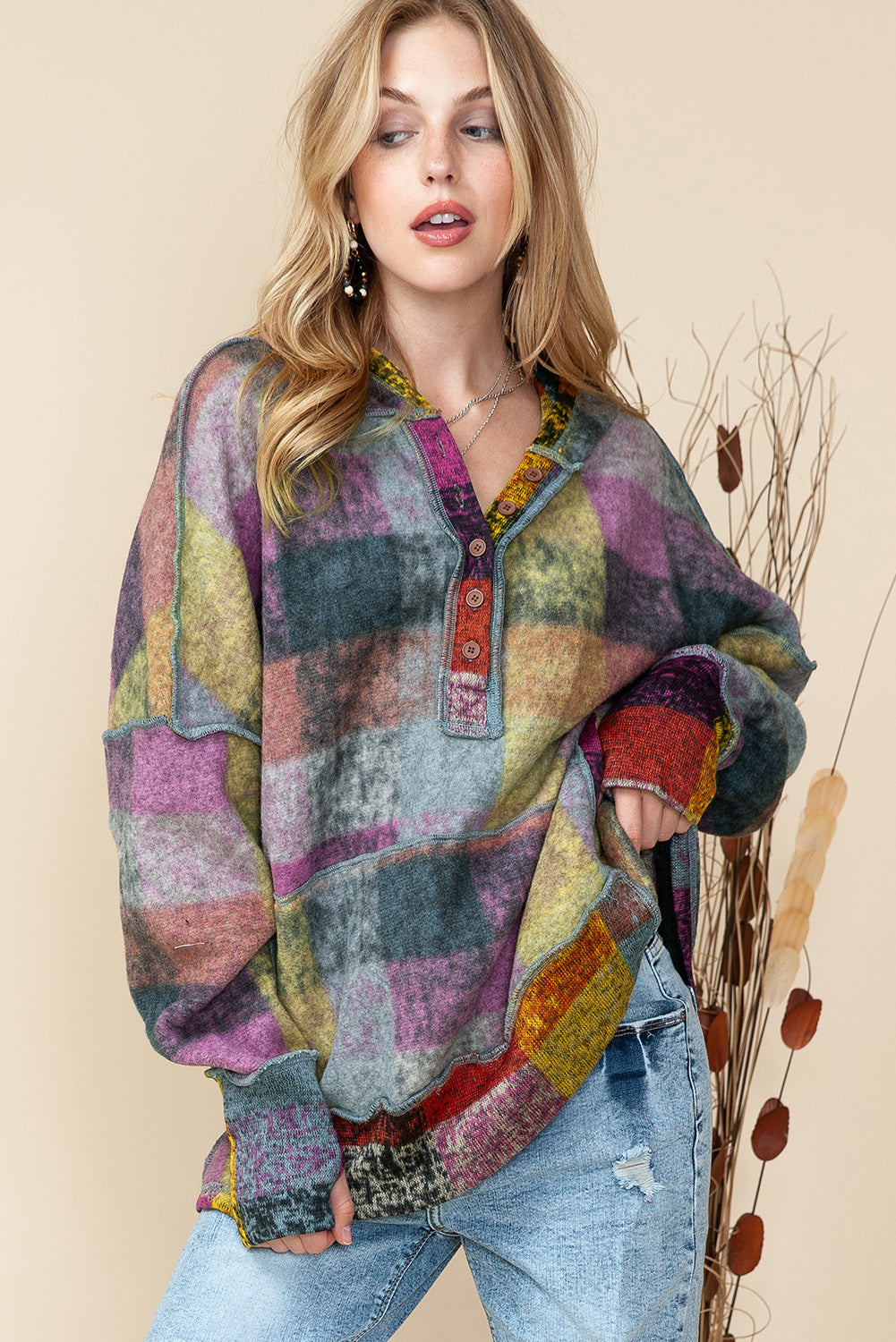 Multicolor Brushed Check Kangaroo Pocket Thumbholes Henley Hoodie Shewin