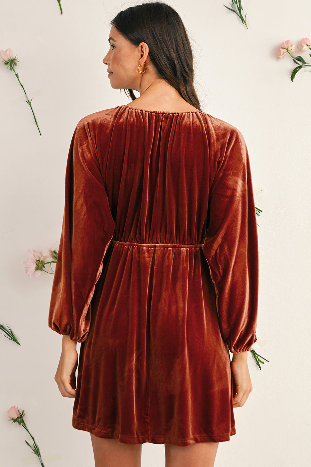 Terracotta Red Brown Clay Elastic V Neck Puff Sleeve Flowy Velvet Dress Shewin